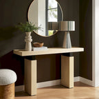 Console rectangulaire en placage de bois naturel avec pieds massifs, supports en métal noir mat et vérins réglables – Unité individuelle