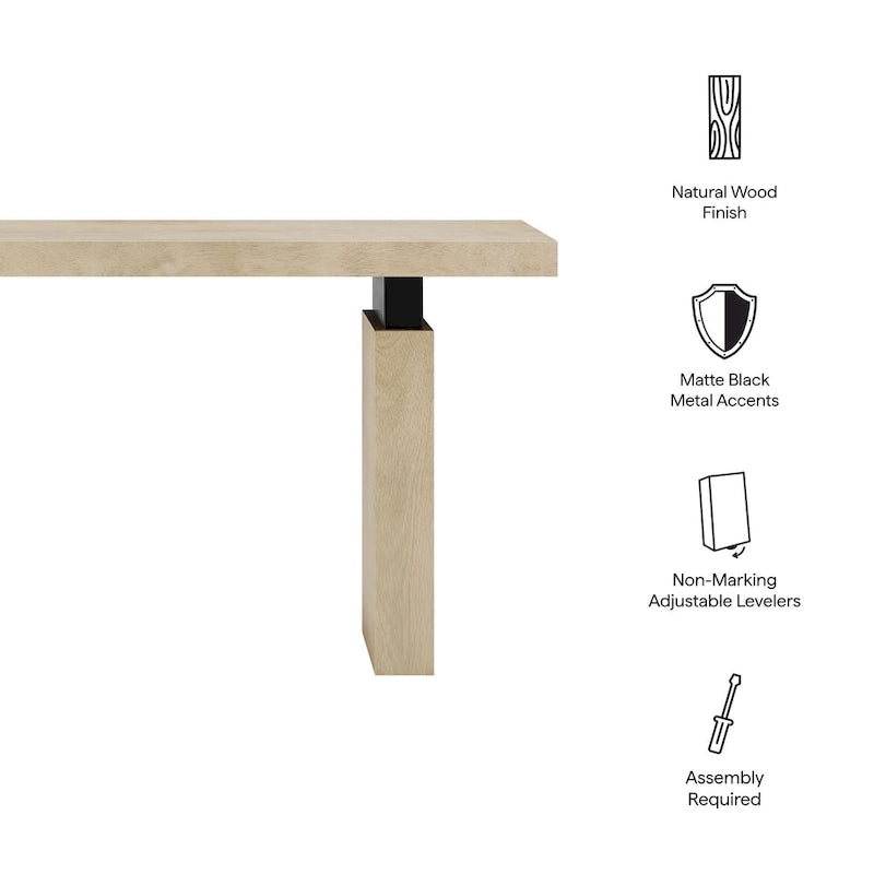 Console rectangulaire en placage de bois naturel avec pieds massifs, supports en métal noir mat et vérins réglables – Unité individuelle
