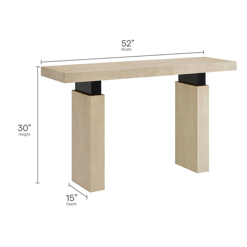 Console rectangulaire en placage de bois naturel avec pieds massifs, supports en métal noir mat et vérins réglables – Unité individuelle