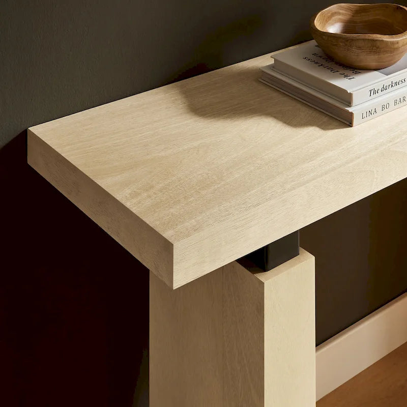 Console rectangulaire en placage de bois naturel avec pieds massifs, supports en métal noir mat et vérins réglables – Unité individuelle