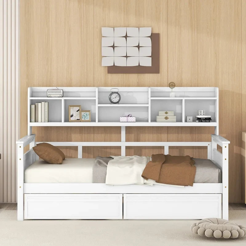 Lit de repos jumeau gris/expresso/blanc avec 2 tiroirs de rangement et étagère de chevet – simple