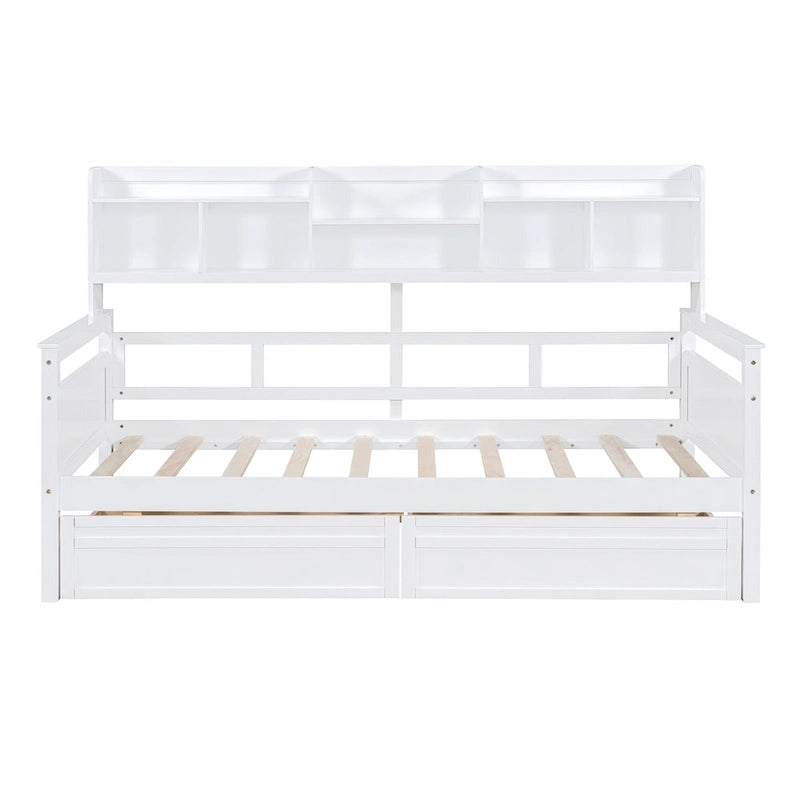 Lit de repos jumeau gris/expresso/blanc avec 2 tiroirs de rangement et étagère de chevet – simple