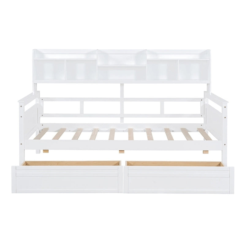 Lit de repos jumeau gris/expresso/blanc avec 2 tiroirs de rangement et étagère de chevet – simple