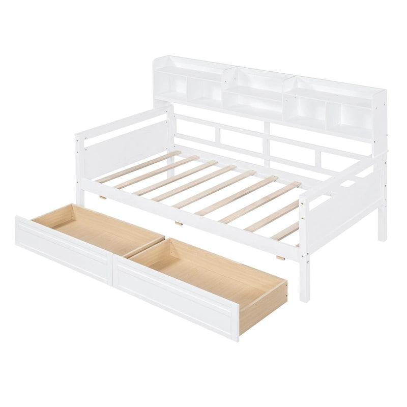 Lit de repos jumeau gris/expresso/blanc avec 2 tiroirs de rangement et étagère de chevet – simple