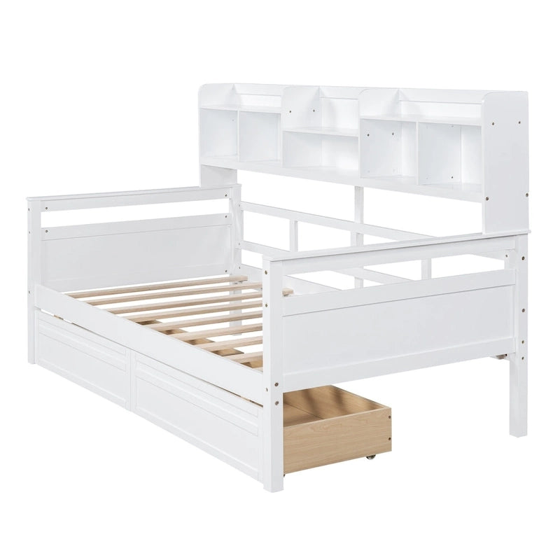 Lit de repos jumeau gris/expresso/blanc avec 2 tiroirs de rangement et étagère de chevet – simple