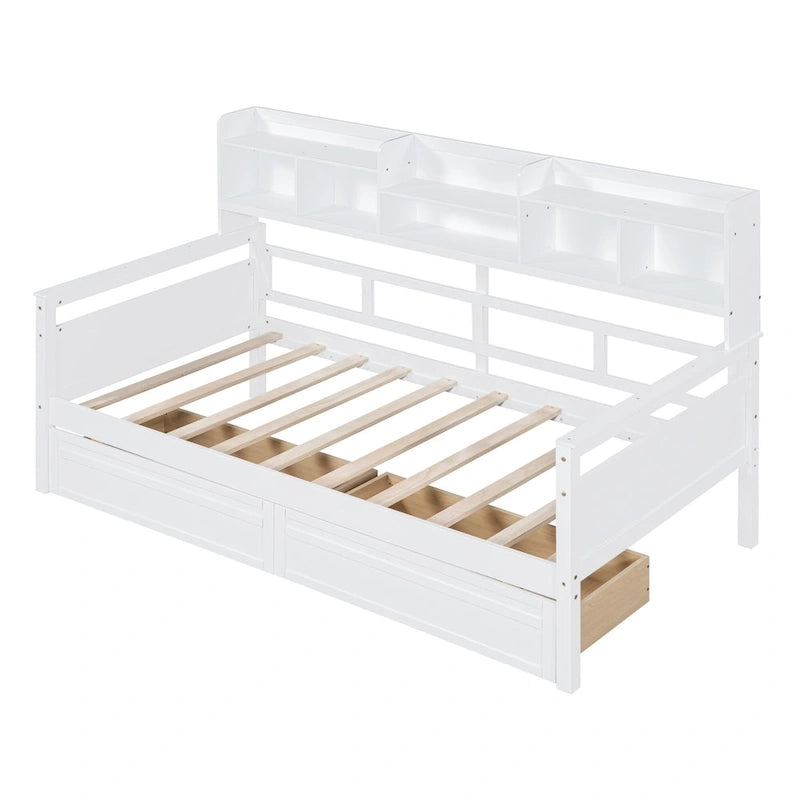 Lit de repos jumeau gris/expresso/blanc avec 2 tiroirs de rangement et étagère de chevet – simple