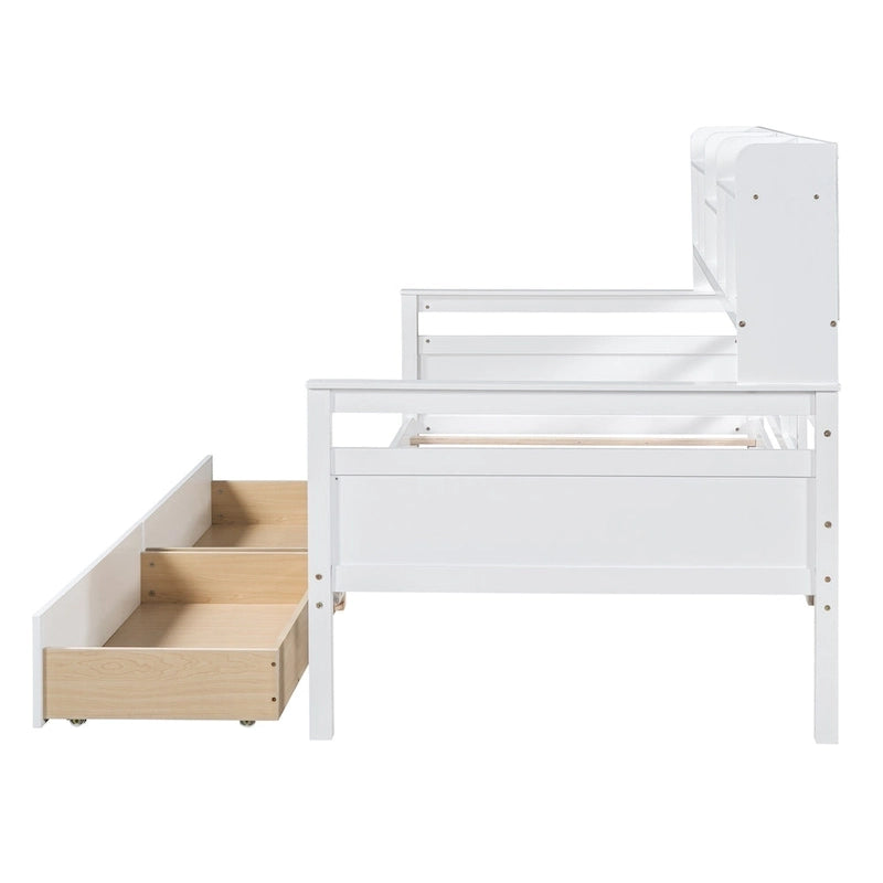 Lit de repos jumeau gris/expresso/blanc avec 2 tiroirs de rangement et étagère de chevet – simple