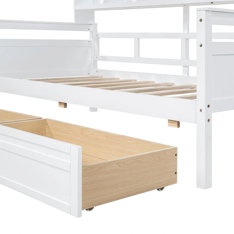 Lit de repos jumeau gris/expresso/blanc avec 2 tiroirs de rangement et étagère de chevet – simple