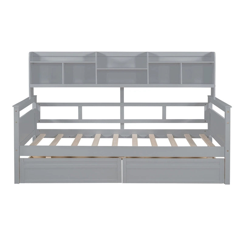 Lit de repos jumeau gris/expresso/blanc avec 2 tiroirs de rangement et étagère de chevet – simple