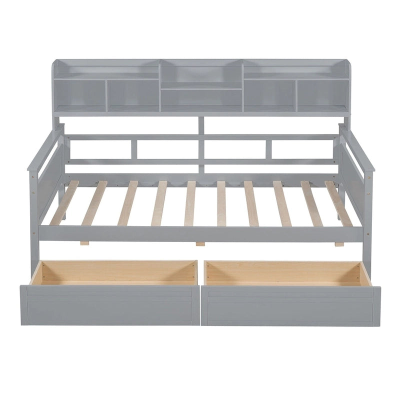 Lit de repos jumeau gris/expresso/blanc avec 2 tiroirs de rangement et étagère de chevet – simple