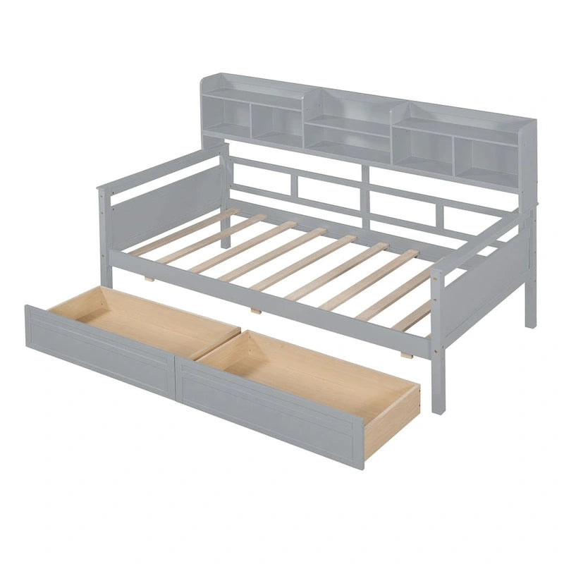 Lit de repos jumeau gris/expresso/blanc avec 2 tiroirs de rangement et étagère de chevet – simple