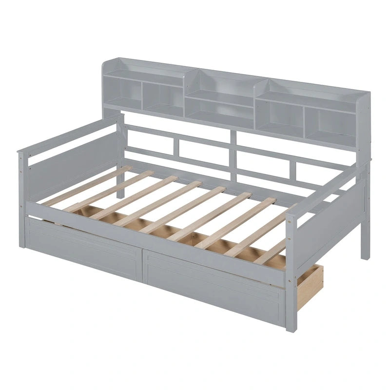 Lit de repos jumeau gris/expresso/blanc avec 2 tiroirs de rangement et étagère de chevet – simple
