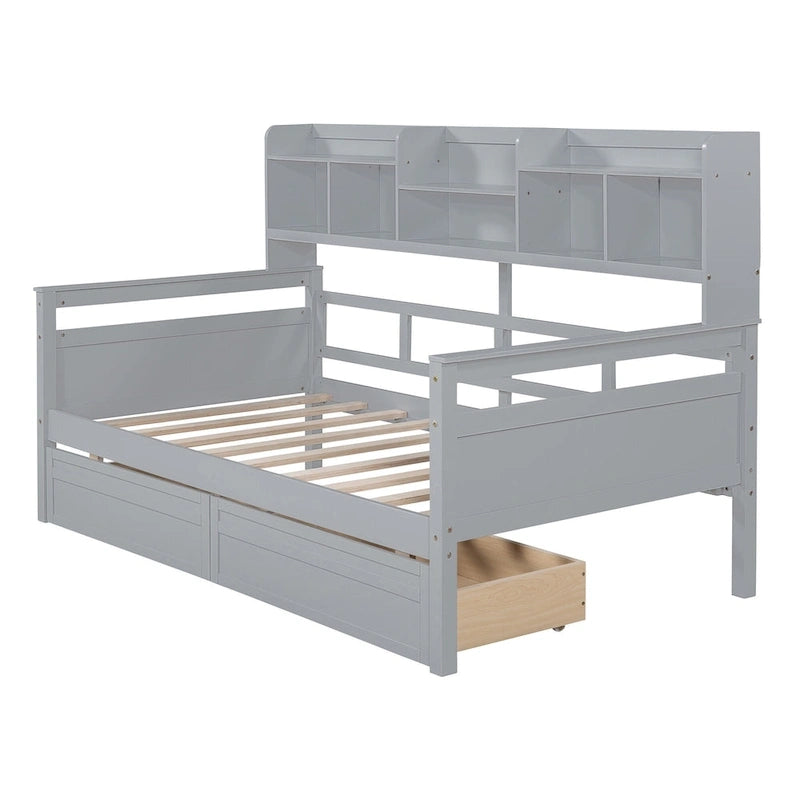 Lit de repos jumeau gris/expresso/blanc avec 2 tiroirs de rangement et étagère de chevet – simple