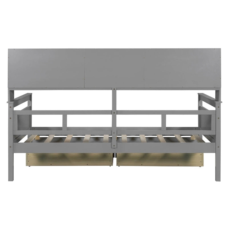 Lit de repos jumeau gris/expresso/blanc avec 2 tiroirs de rangement et étagère de chevet – simple