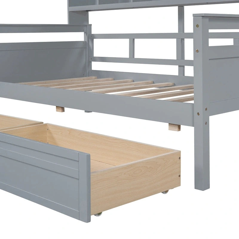 Lit de repos jumeau gris/expresso/blanc avec 2 tiroirs de rangement et étagère de chevet – simple