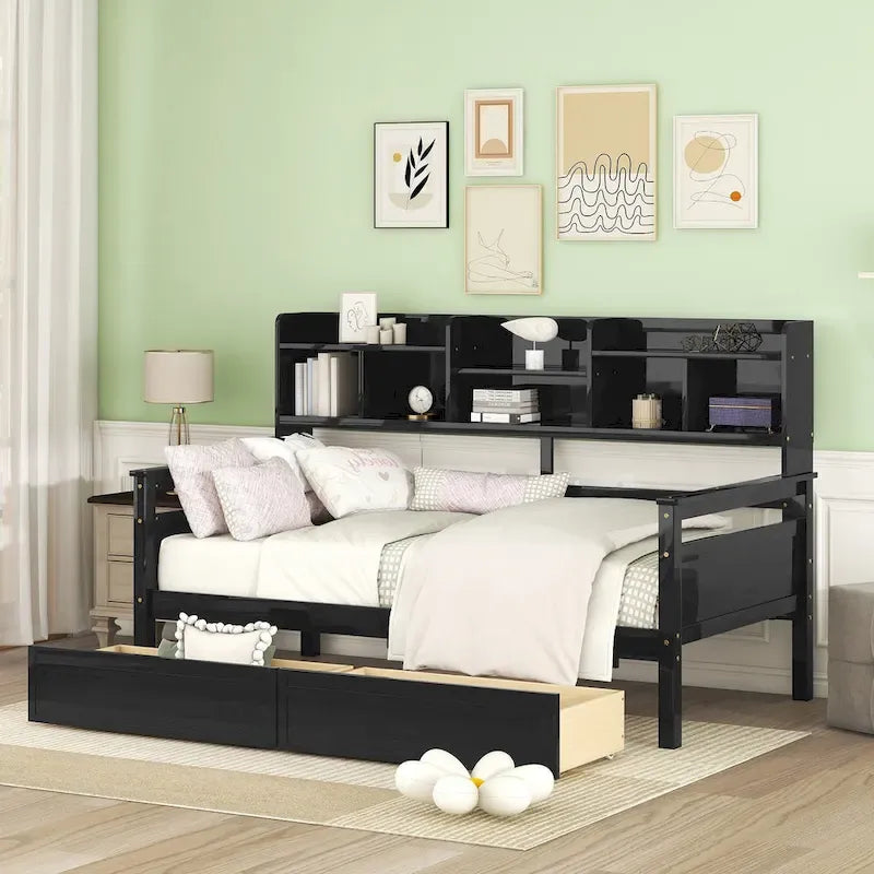 Lit de repos jumeau gris/expresso/blanc avec 2 tiroirs de rangement et étagère de chevet – simple