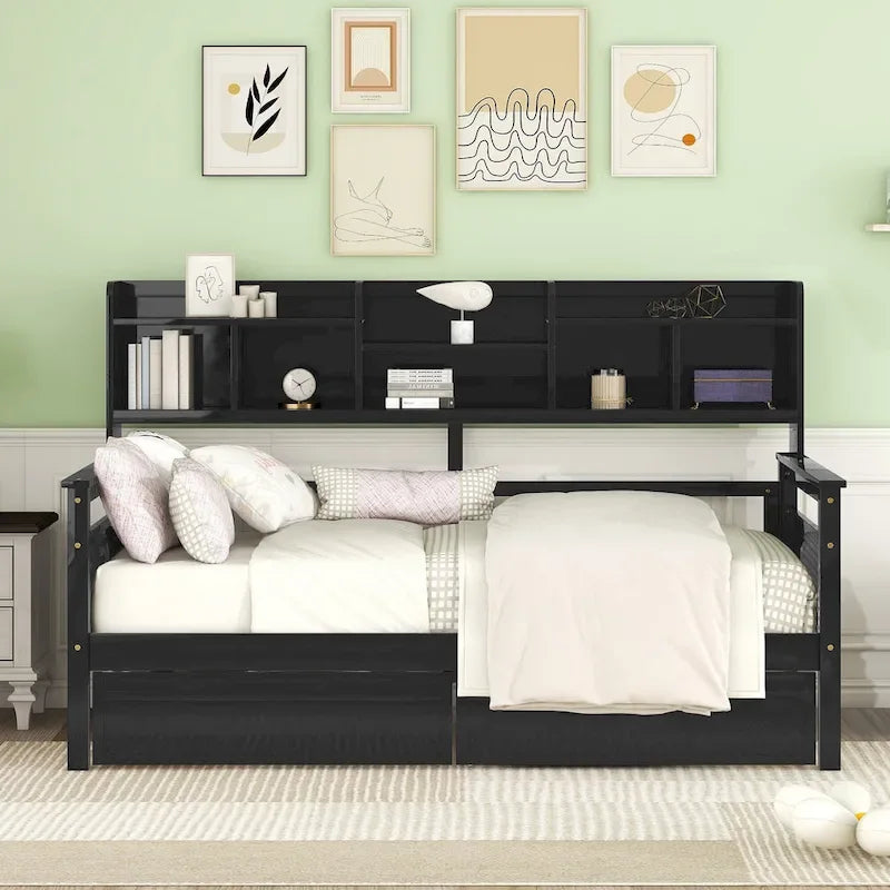 Lit de repos jumeau gris/expresso/blanc avec 2 tiroirs de rangement et étagère de chevet – simple