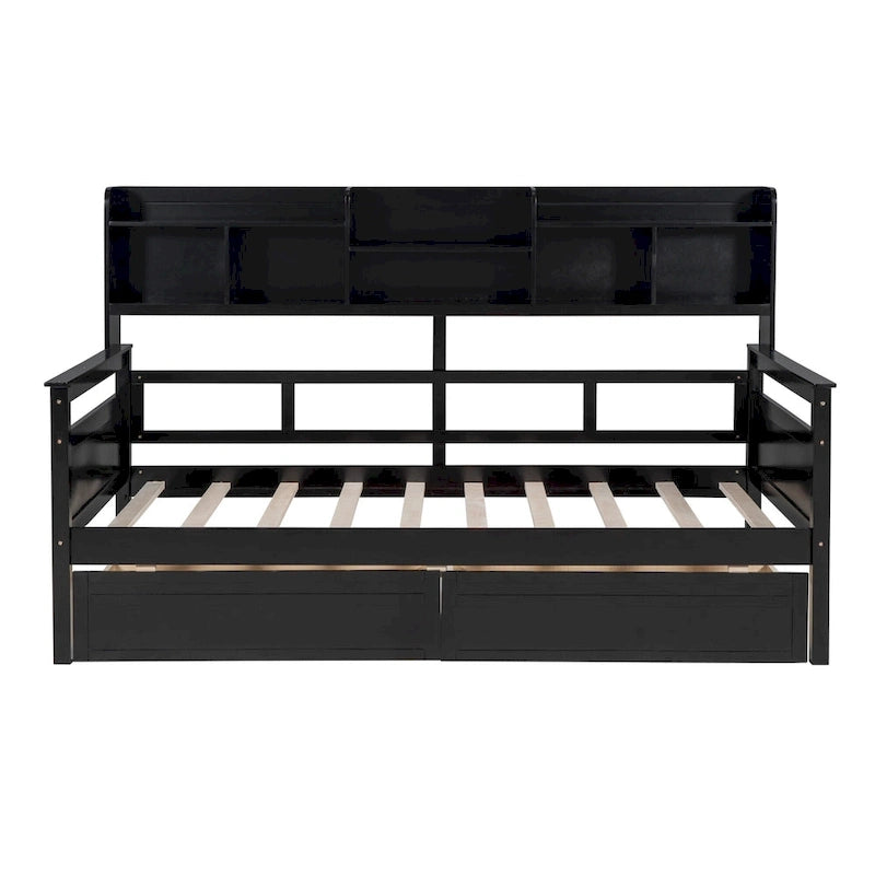 Lit de repos jumeau gris/expresso/blanc avec 2 tiroirs de rangement et étagère de chevet – simple