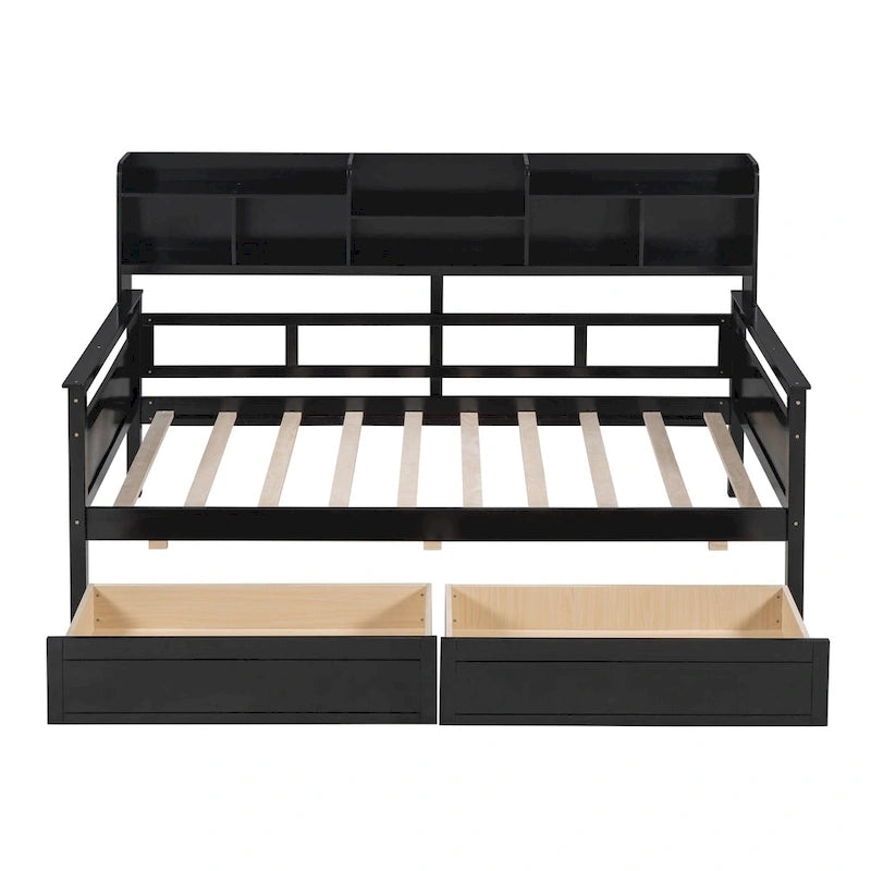 Lit de repos jumeau gris/expresso/blanc avec 2 tiroirs de rangement et étagère de chevet – simple