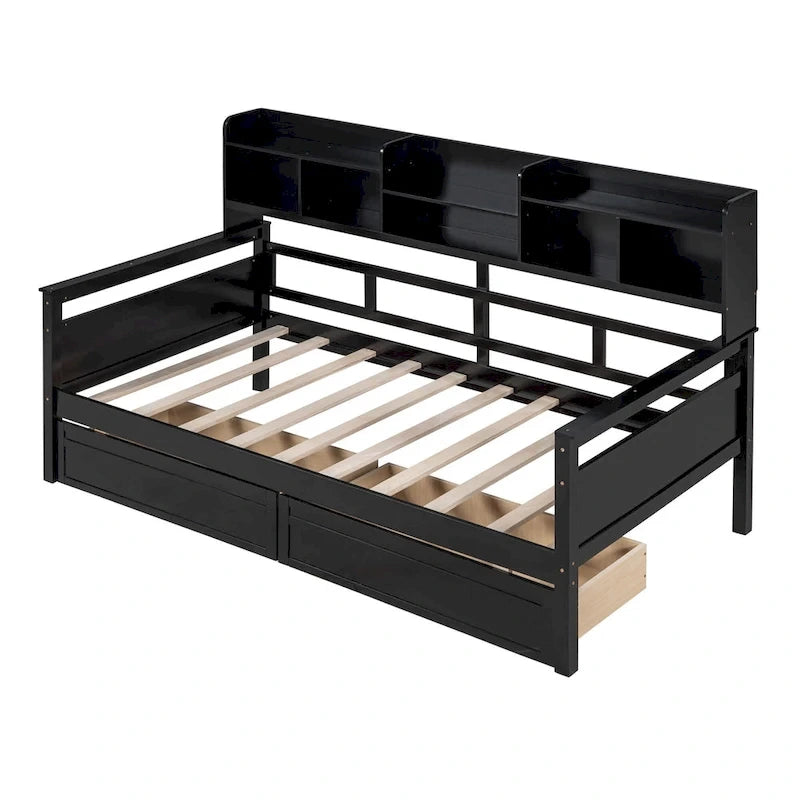 Lit de repos jumeau gris/expresso/blanc avec 2 tiroirs de rangement et étagère de chevet – simple