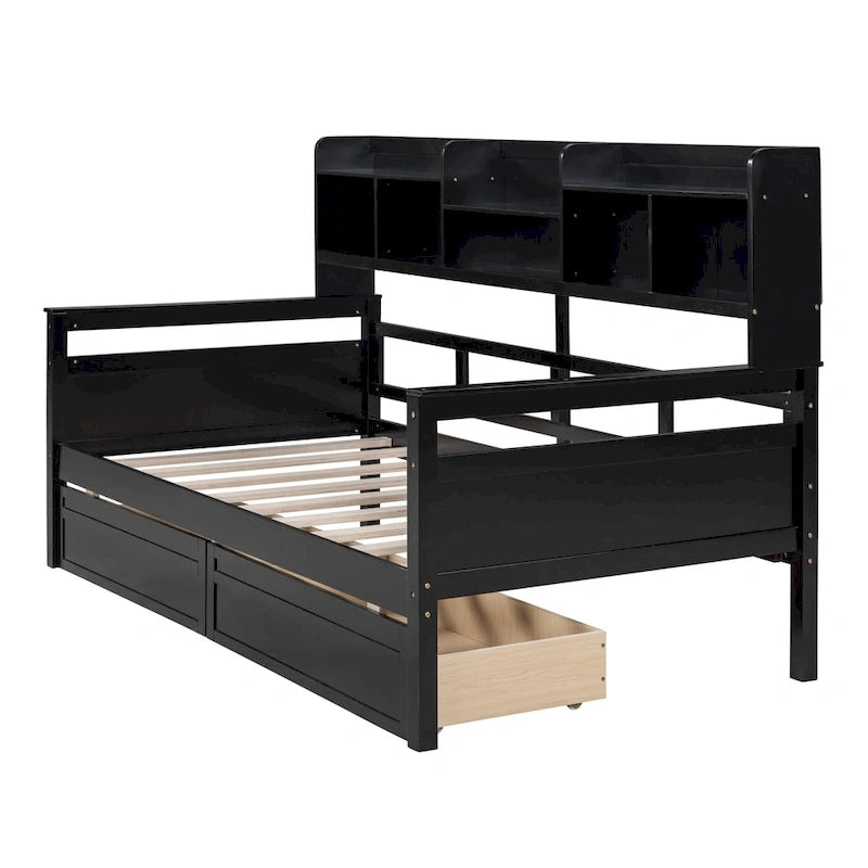 Lit de repos jumeau gris/expresso/blanc avec 2 tiroirs de rangement et étagère de chevet – simple