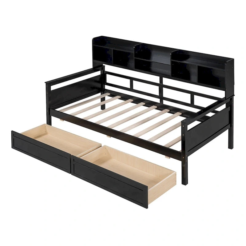 Lit de repos jumeau gris/expresso/blanc avec 2 tiroirs de rangement et étagère de chevet – simple
