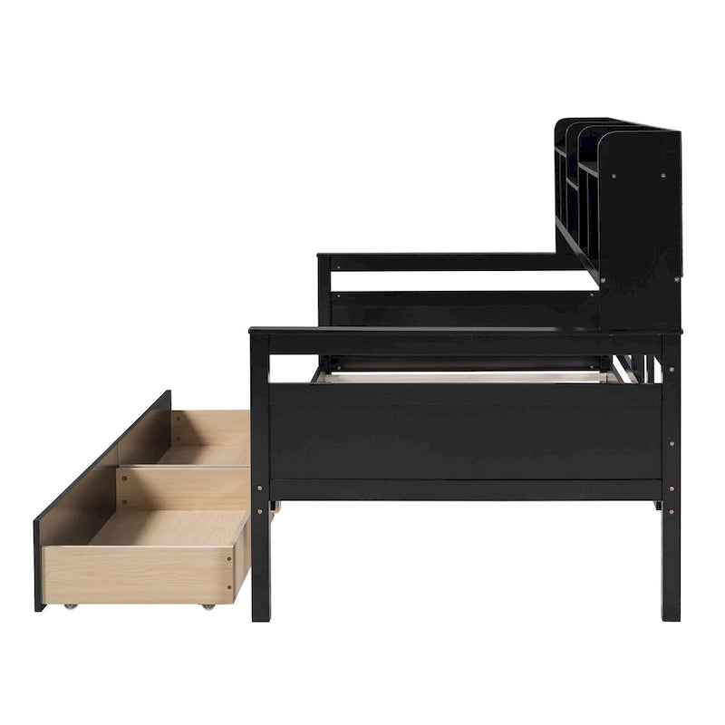 Lit de repos jumeau gris/expresso/blanc avec 2 tiroirs de rangement et étagère de chevet – simple