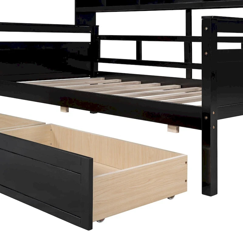Lit de repos jumeau gris/expresso/blanc avec 2 tiroirs de rangement et étagère de chevet – simple