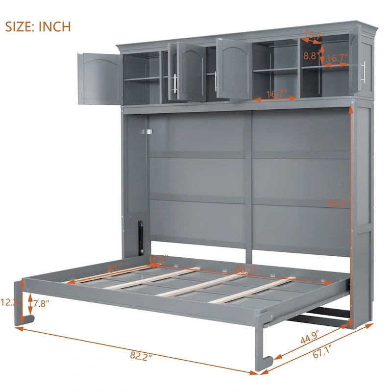 Lit escamotable mural Queen Size en MDF gris et contreplaqué avec armoires hautes, lattes flexibles et mécanisme de pliage à double piston – Unité simple