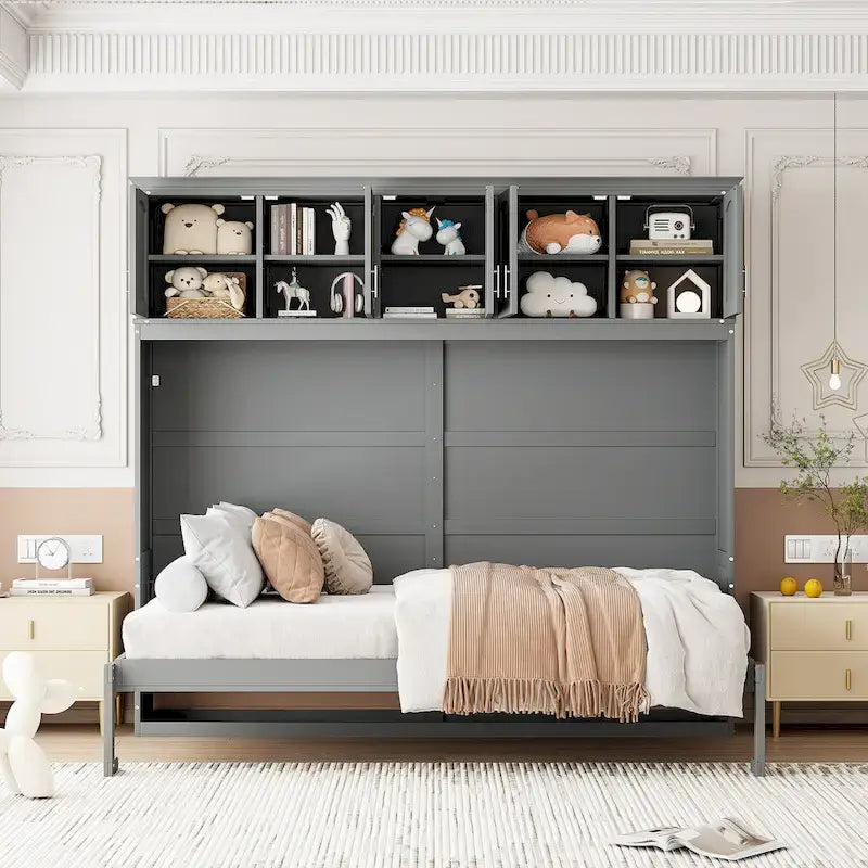 Lit escamotable mural Queen Size en MDF gris et contreplaqué avec armoires hautes, lattes flexibles et mécanisme de pliage à double piston – Unité simple