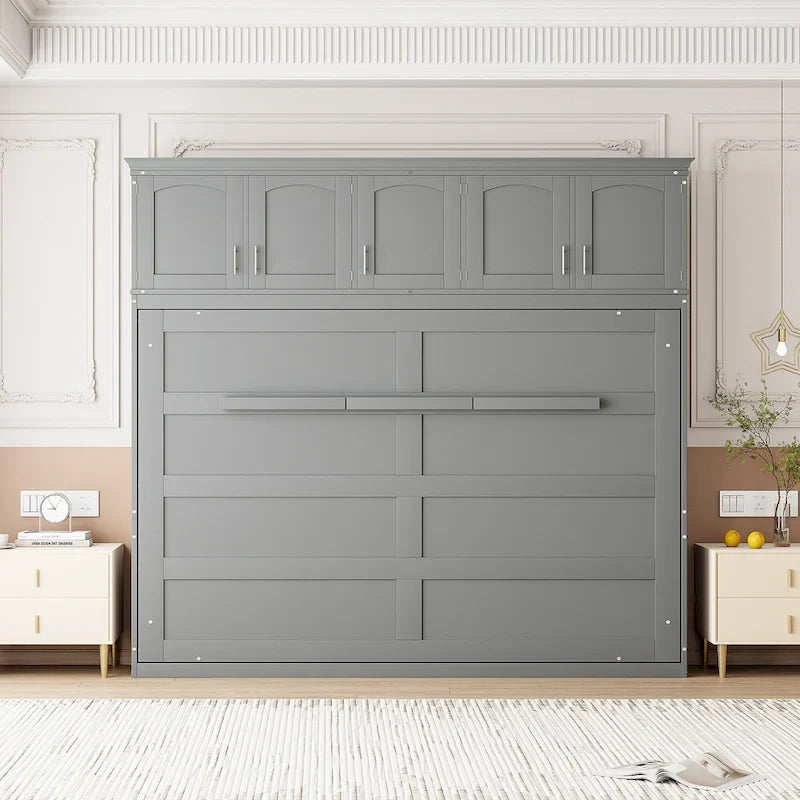Lit escamotable mural Queen Size en MDF gris et contreplaqué avec armoires hautes, lattes flexibles et mécanisme de pliage à double piston – Unité simple