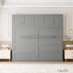 Lit escamotable mural Queen Size en MDF gris et contreplaqué avec armoires hautes, lattes flexibles et mécanisme de pliage à double piston – Unité simple