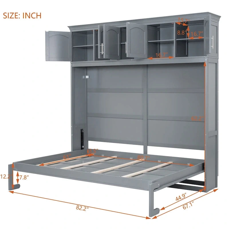Lit escamotable mural Queen Size en MDF gris et contreplaqué avec armoires hautes, lattes flexibles et mécanisme de pliage à double piston – Unité simple