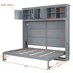 Lit escamotable mural Queen Size en MDF gris et contreplaqué avec armoires hautes, lattes flexibles et mécanisme de pliage à double piston – Unité simple