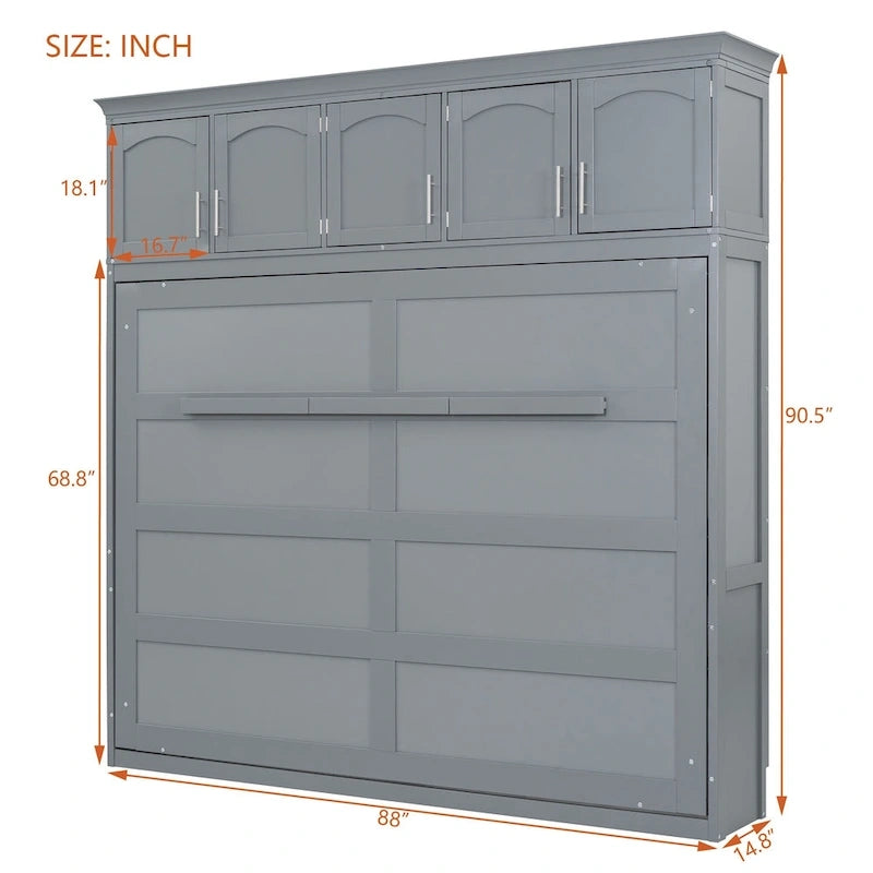 Lit escamotable mural Queen Size en MDF gris et contreplaqué avec armoires hautes, lattes flexibles et mécanisme de pliage à double piston – Unité simple