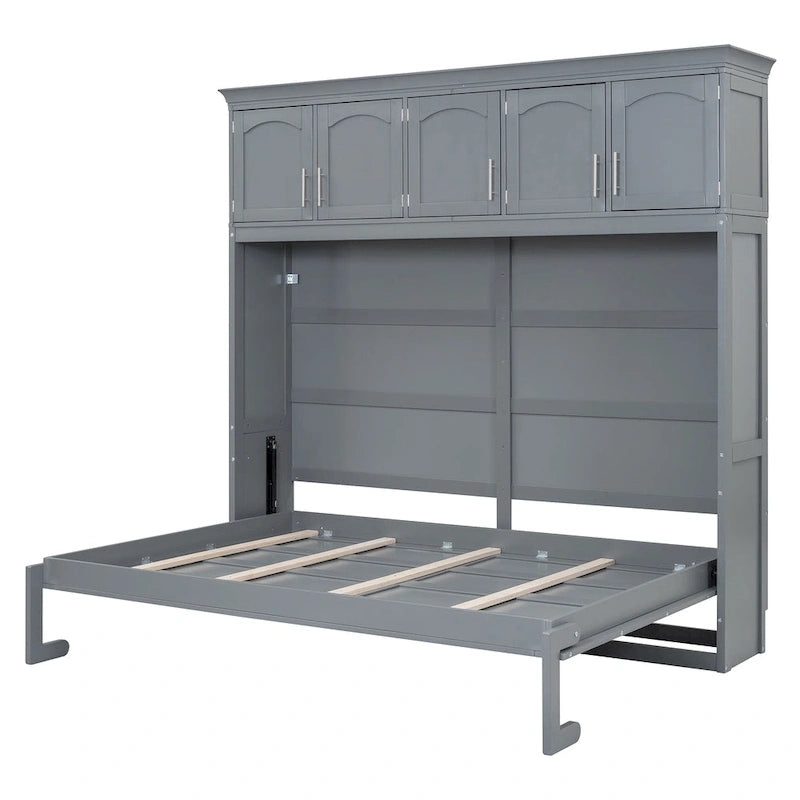 Lit escamotable mural Queen Size en MDF gris et contreplaqué avec armoires hautes, lattes flexibles et mécanisme de pliage à double piston – Unité simple