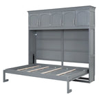 Lit escamotable mural Queen Size en MDF gris et contreplaqué avec armoires hautes, lattes flexibles et mécanisme de pliage à double piston – Unité simple