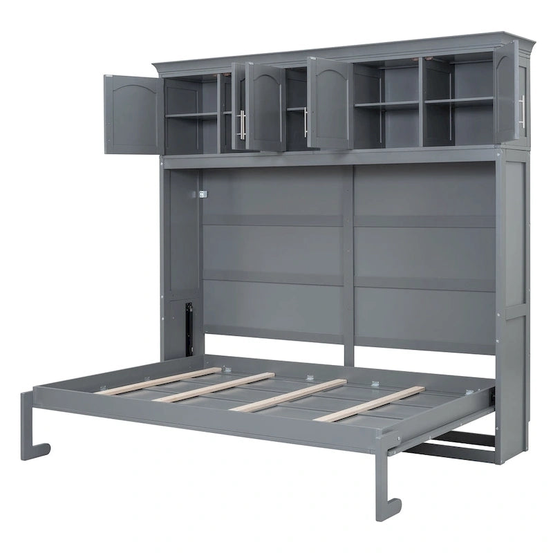 Lit escamotable mural Queen Size en MDF gris et contreplaqué avec armoires hautes, lattes flexibles et mécanisme de pliage à double piston – Unité simple