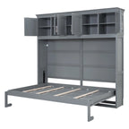 Lit escamotable mural Queen Size en MDF gris et contreplaqué avec armoires hautes, lattes flexibles et mécanisme de pliage à double piston – Unité simple