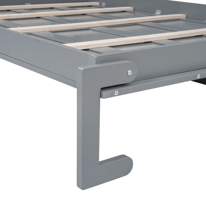Lit escamotable mural Queen Size en MDF gris et contreplaqué avec armoires hautes, lattes flexibles et mécanisme de pliage à double piston – Unité simple