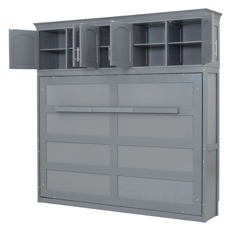 Lit escamotable mural Queen Size en MDF gris et contreplaqué avec armoires hautes, lattes flexibles et mécanisme de pliage à double piston – Unité simple