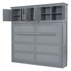 Lit escamotable mural Queen Size en MDF gris et contreplaqué avec armoires hautes, lattes flexibles et mécanisme de pliage à double piston – Unité simple
