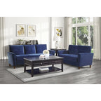 Causeuse en velours marron / bleu / gris avec accoudoirs évasés, dossiers capitonnés, coussins à ressorts ensachés et pieds en bois de noyer – 2 places