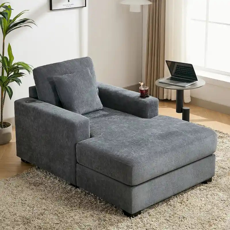 Canapé méridienne oversize en chenille bleu-gris/crème avec porte-gobelets et station de charge intégrée – Unité simple