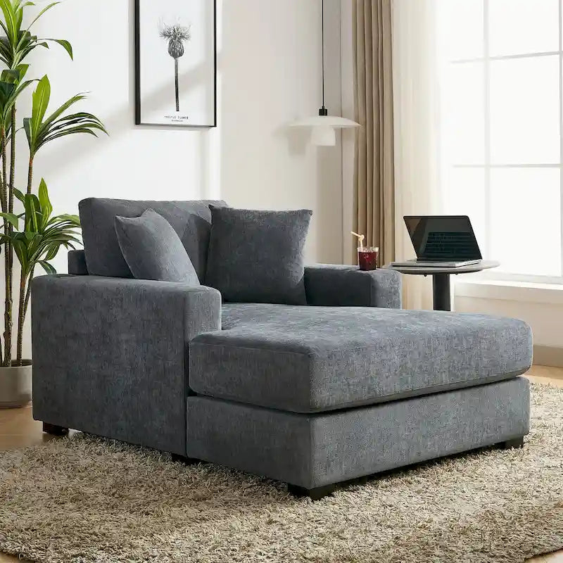 Canapé méridienne oversize en chenille bleu-gris/crème avec porte-gobelets et station de charge intégrée – Unité simple
