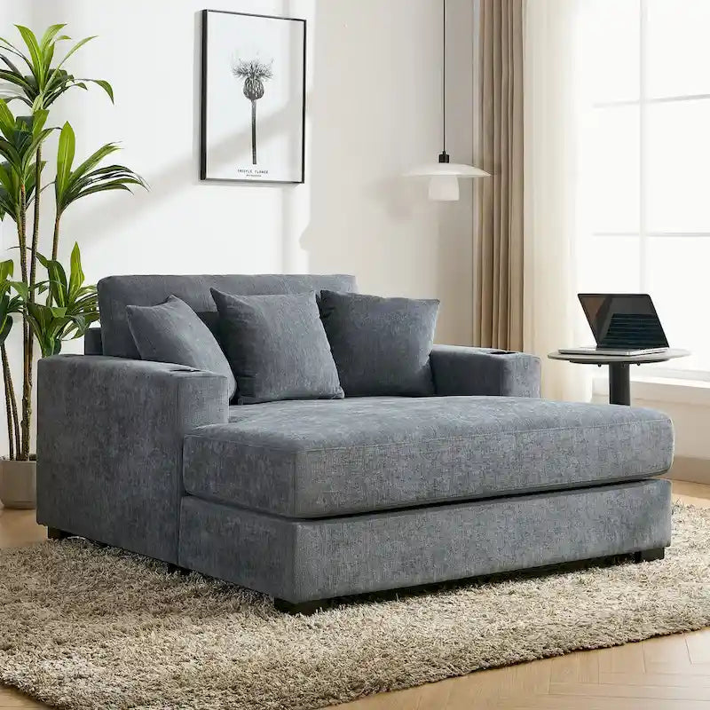 Canapé méridienne oversize en chenille bleu-gris/crème avec porte-gobelets et station de charge intégrée – Unité simple