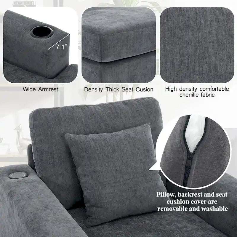 Canapé méridienne oversize en chenille bleu-gris/crème avec porte-gobelets et station de charge intégrée – Unité simple