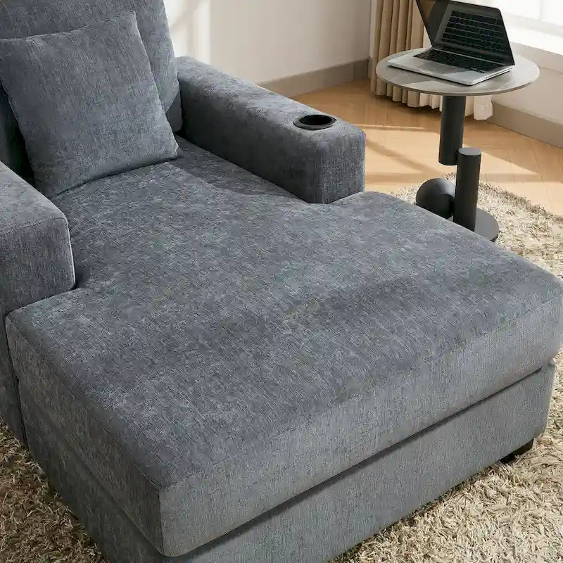Canapé méridienne oversize en chenille bleu-gris/crème avec porte-gobelets et station de charge intégrée – Unité simple