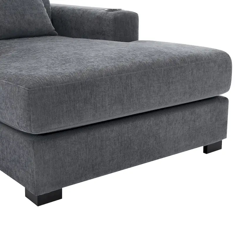 Canapé méridienne oversize en chenille bleu-gris/crème avec porte-gobelets et station de charge intégrée – Unité simple