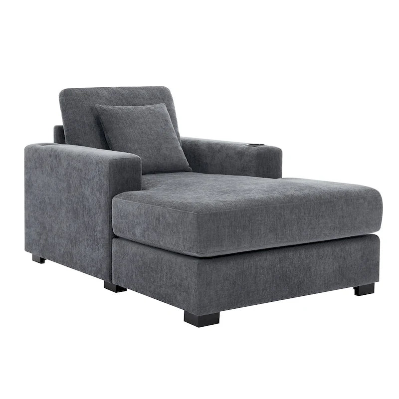 Canapé méridienne oversize en chenille bleu-gris/crème avec porte-gobelets et station de charge intégrée – Unité simple